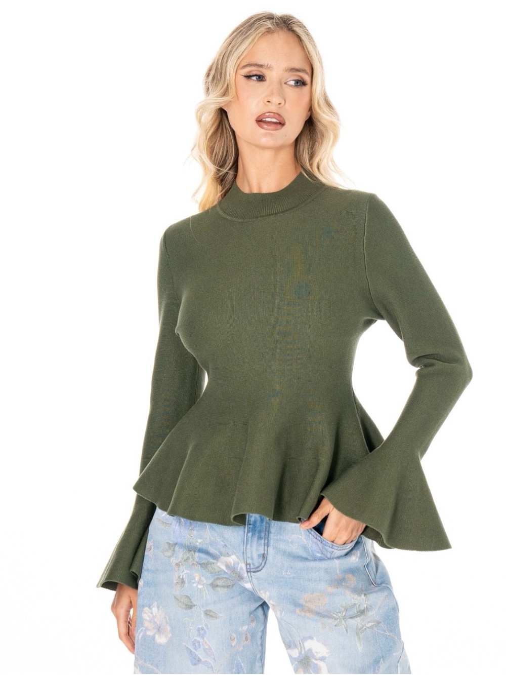 Olive Green Peplum Bell-Sleeve Knit Sweater
